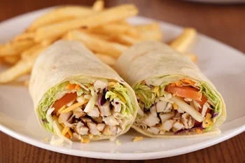 Grilled Honey BBQ Chicken Wrap with Fries, Lettuce, Tomatoes and Cheese